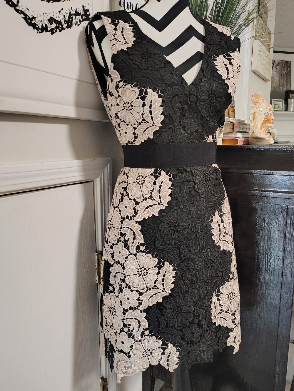 Alice + Olivia Patrice A-Line Lace Dress Black and Cream Women's 2 Floral - Picture 9 of 16